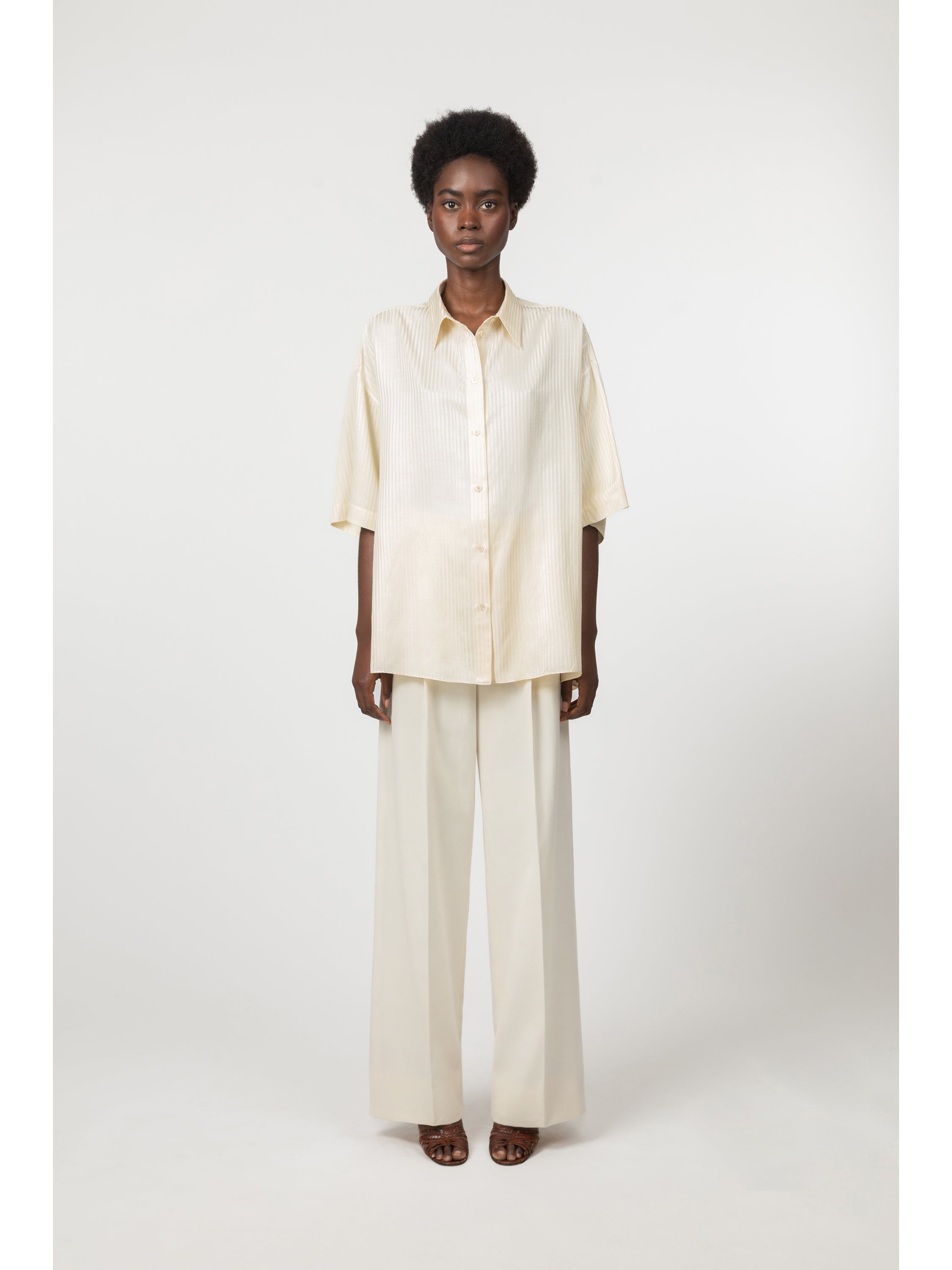 Short-sleeve cotton and silk jacquard shirt - Ivory