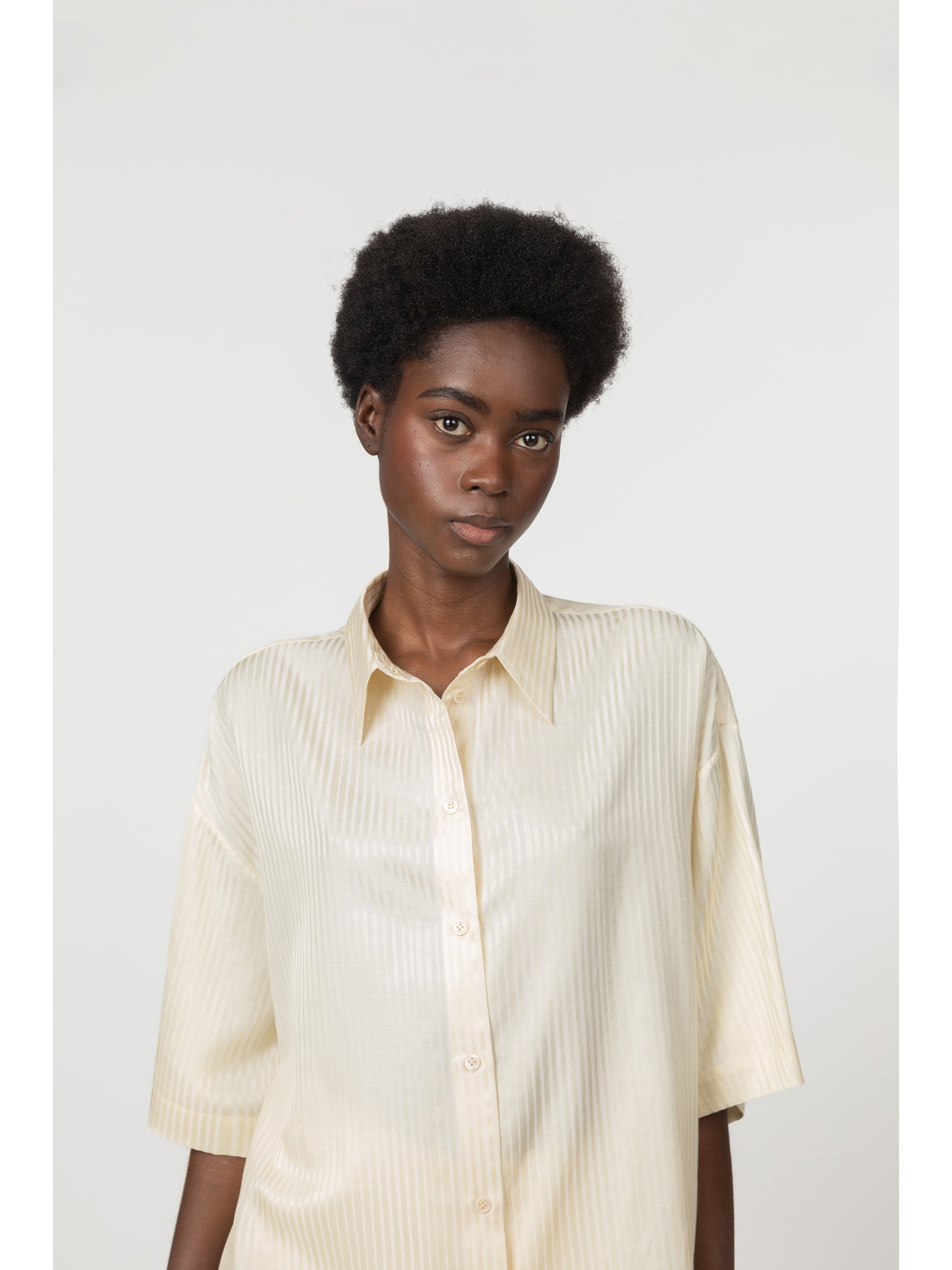 Short-sleeve cotton and silk jacquard shirt - Ivory