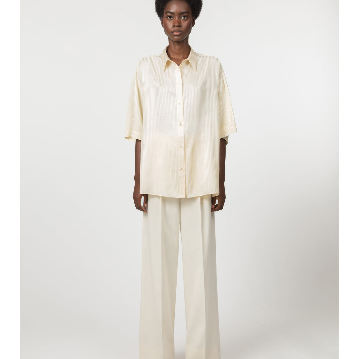 Short-sleeve cotton and silk jacquard shirt - Ivory