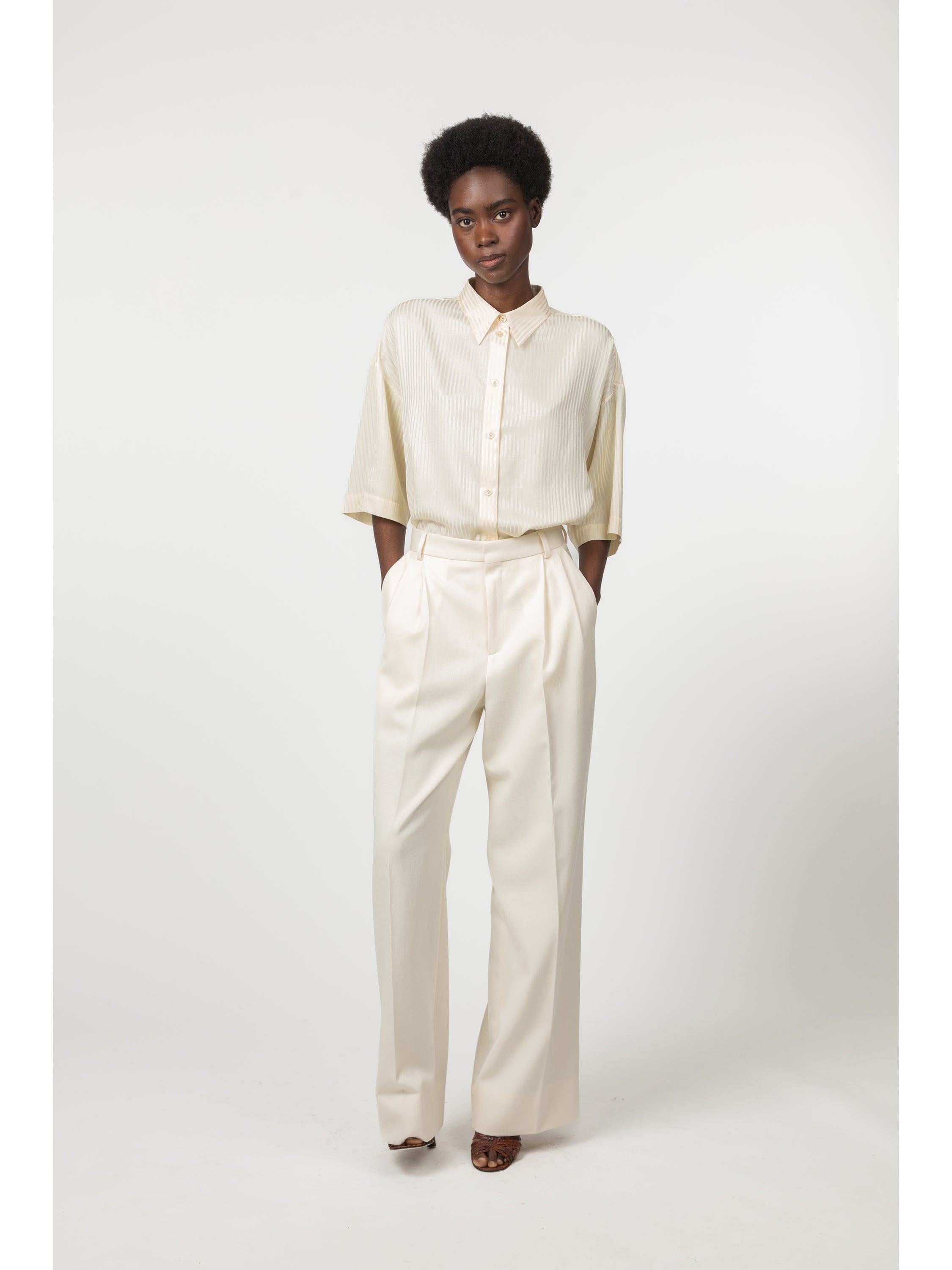 Short-sleeve cotton and silk jacquard shirt - Ivory 0 / Ivory Short-sleeve cotton and silk jacquard shirt - Ivory 0 / Ivory