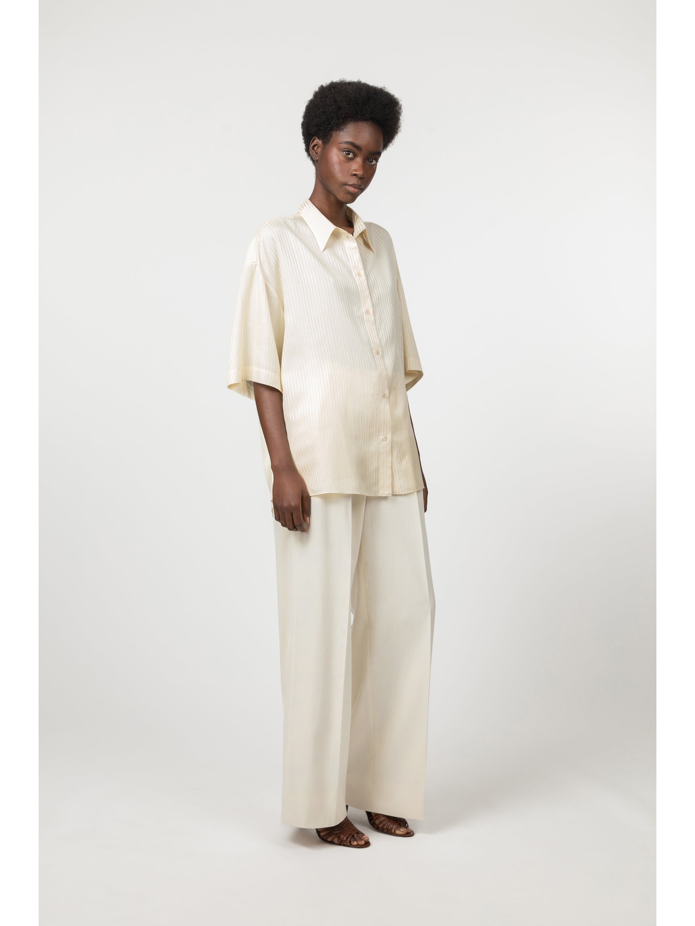 Short-sleeve cotton and silk jacquard shirt - Ivory Short-sleeve cotton and silk jacquard shirt - Ivory